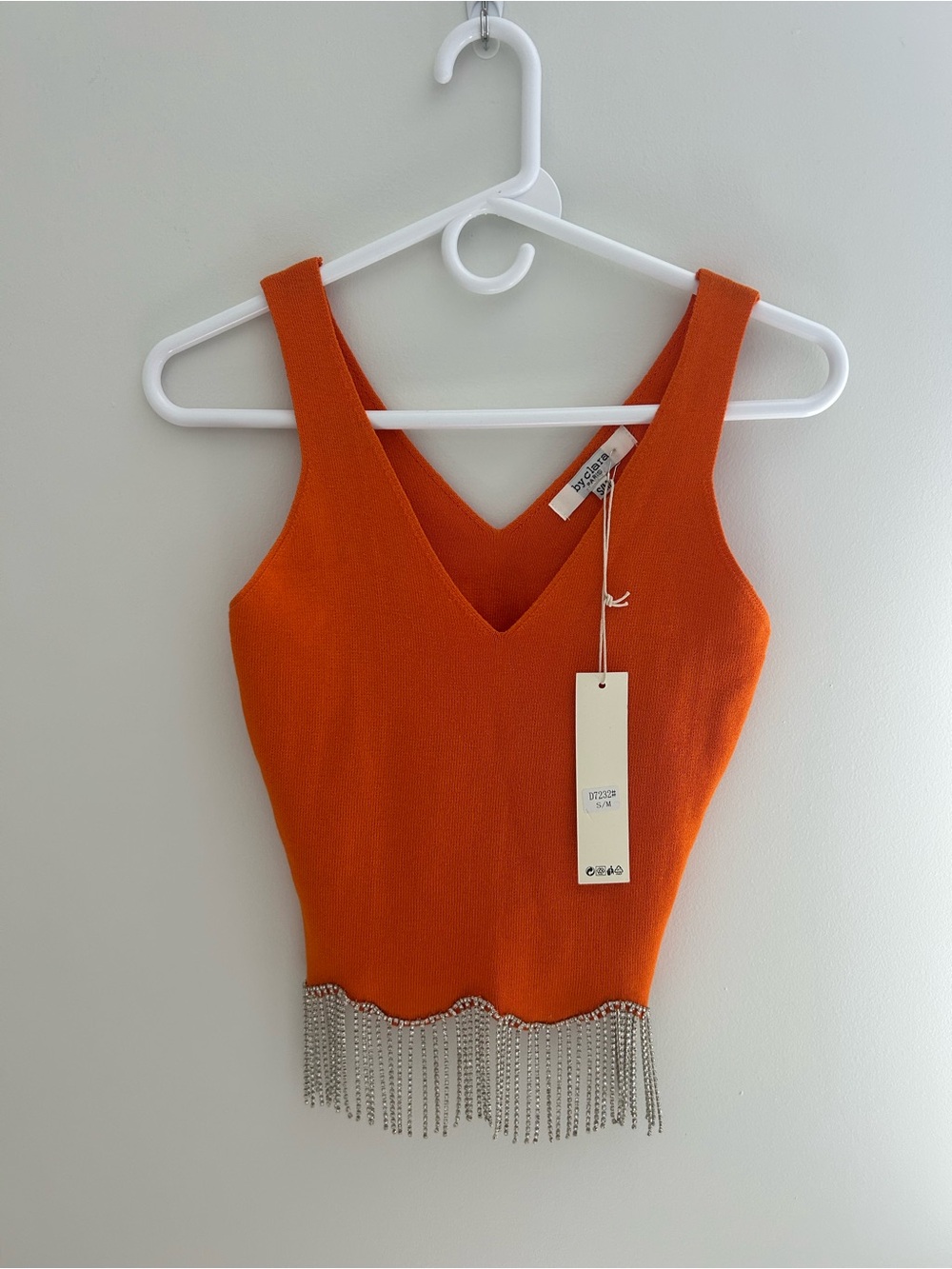 Bright Orange V-Neck Tank with Silver Chain Fringe